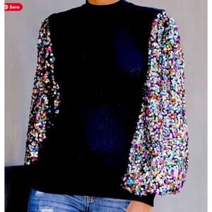 OnTwelfth Sequin Balloon Puff Lantern Sleeve Sweater Black Rainbow L Large